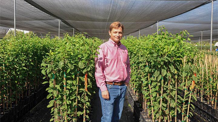  Cliff Beumel poseert in Sierra Gold Nurseries, dat wordt verlicht door de energiezuinige groeilampen van Philips