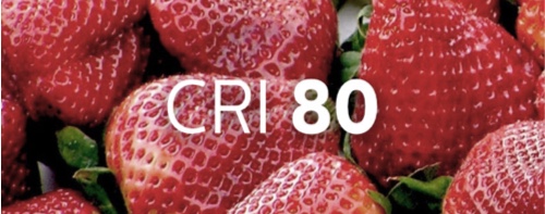 De kleurweergave van een schaal aardbeien die wordt verlicht met een CRI van 80