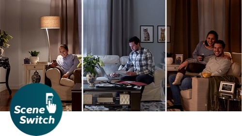 Alle drie scenario's van de lichtinstellingen van de Philips SceneSwitch LED-lamp in één afbeelding