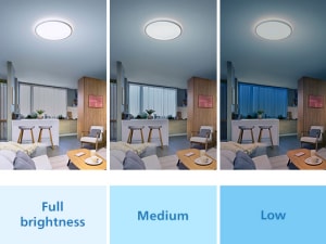 Lichteffecten in een kamer met een Philips SceneSwitch LED-lamp met verschillende helderheidsinstellingen